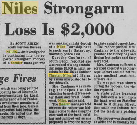 Niles 31 Outdoor Theatre - 17 Aug 1981 Night Deposit For Theater Stolen